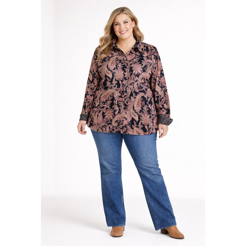 Chaps Womens Top Size XXL Long Sleeve Paisley No Iron Button Front Flip Cuff